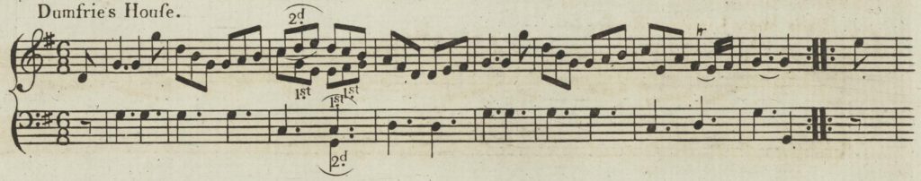 Musical notation for the jig Dumfries House by John Riddell (1718–95) from his 1782 publication "A Collection of Scots Reels Minuets &c.".
