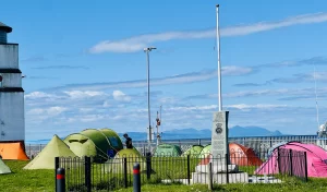 The Girvan camp site on the Fisherman's Drying Green overlooks the mountains of the Isle of Arran and Holy Isle to the north.